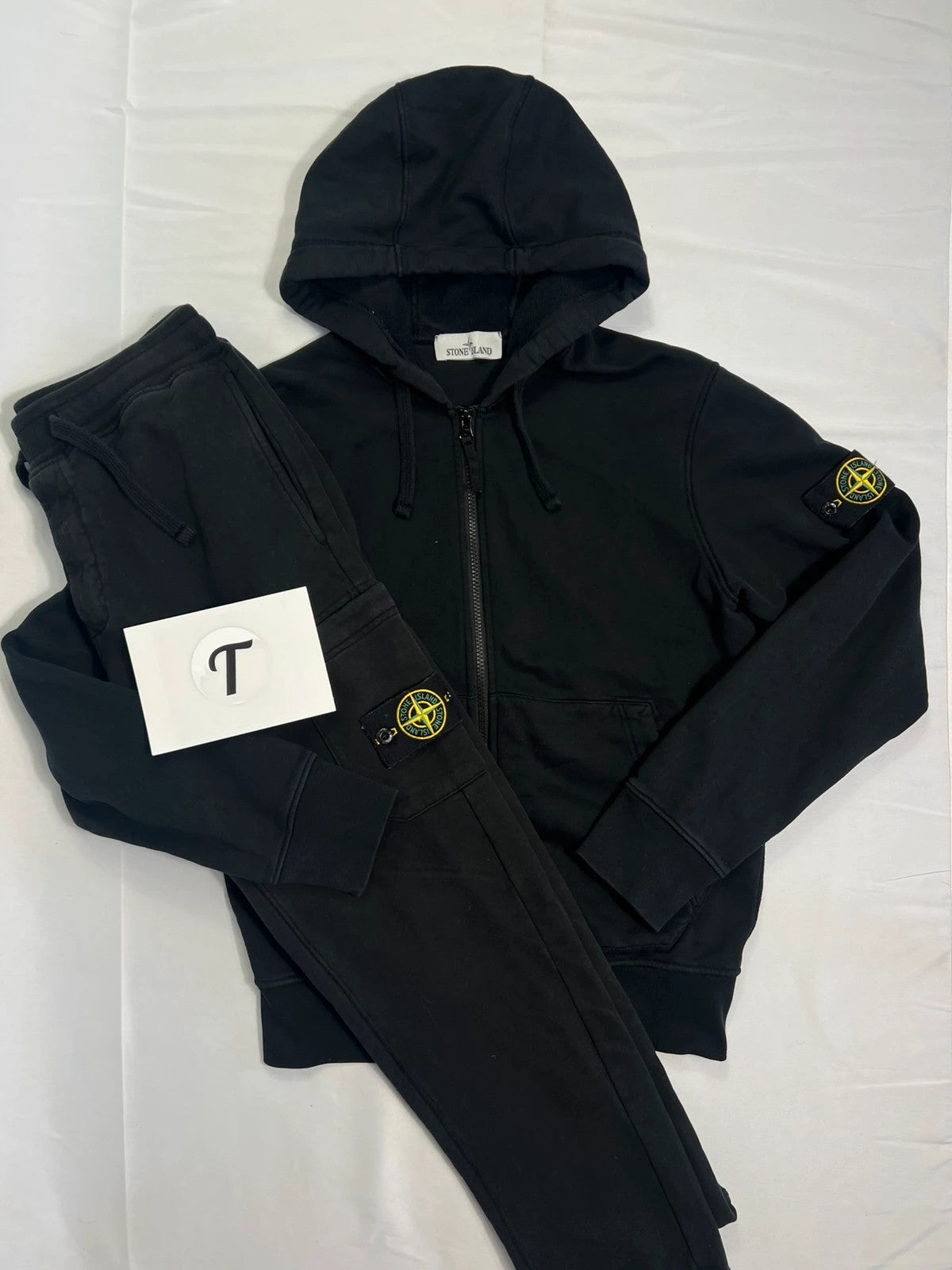 Stone Island Black Fleece Zip Up Hoodie & Cargo Tracksuit Bottom Set Black