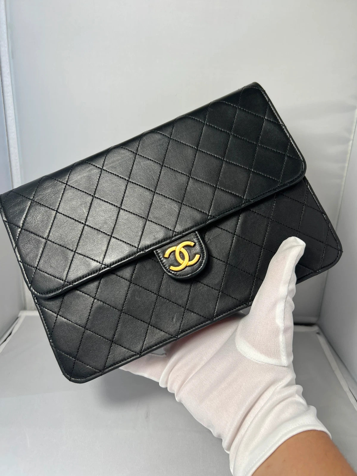 Chanel Matelasse Classic Single Flap Chain Shoulder Bag Lamb Skin Black Gold CC 1990s