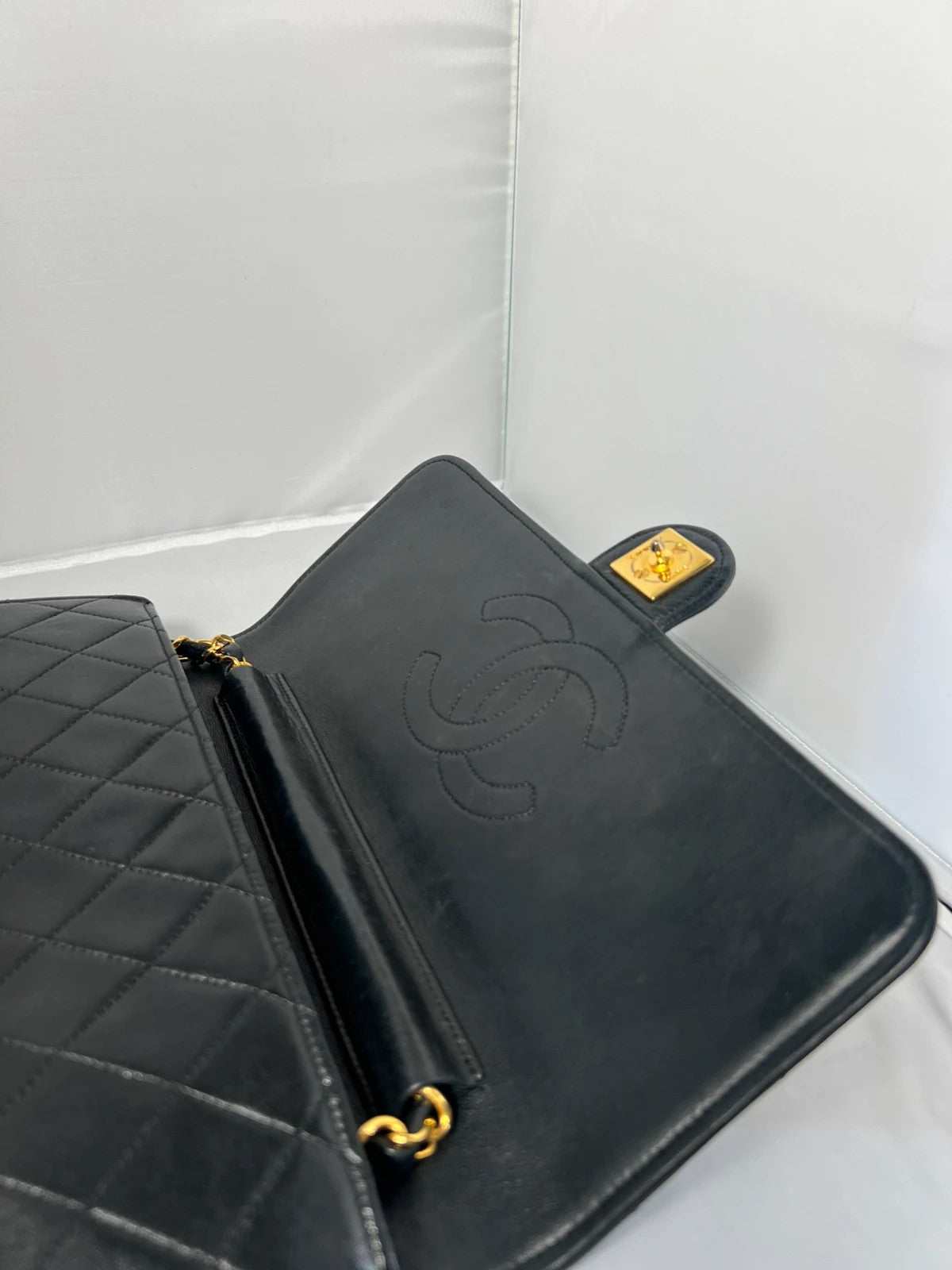 Chanel Matelasse Classic Single Flap Chain Shoulder Bag Lamb Skin Black Gold CC 1990s